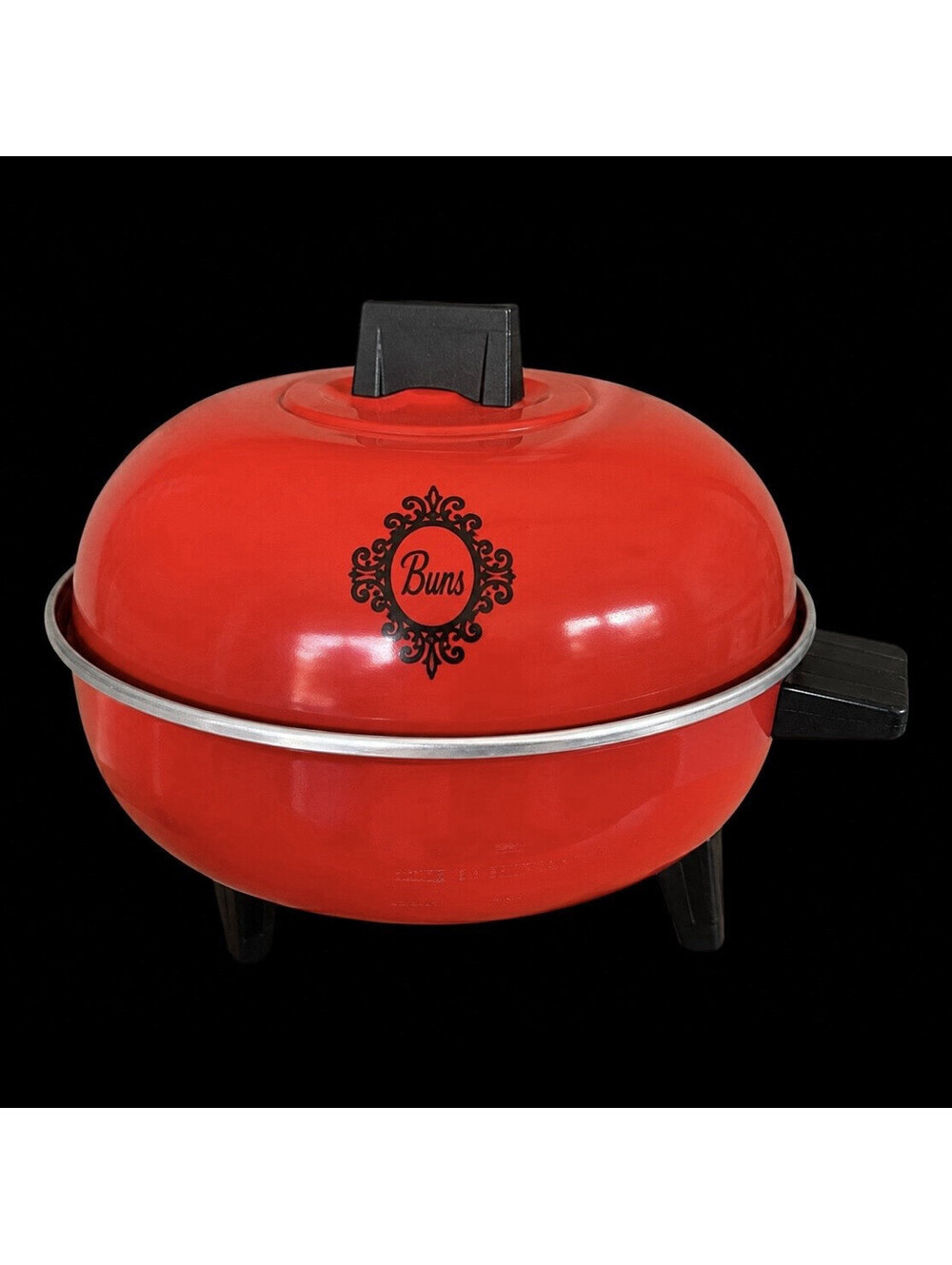 Electric Bun Warmer BW-8 Red/Black Round Enamel Metal w/ Lid, Holds 8 Buns